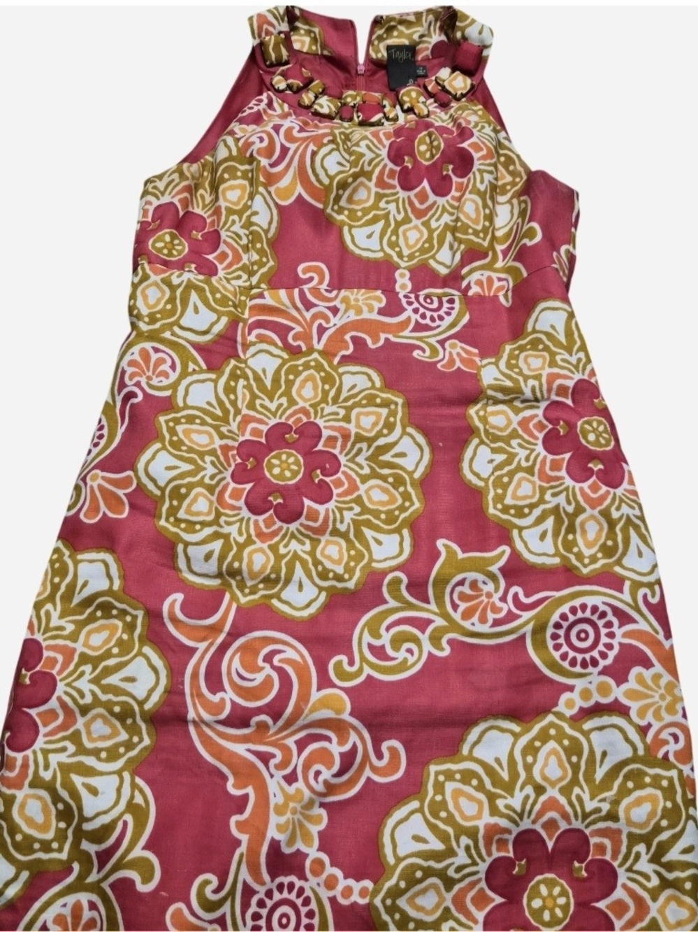 Taylor Pink Floral Halter Dress with Gold and White Accents